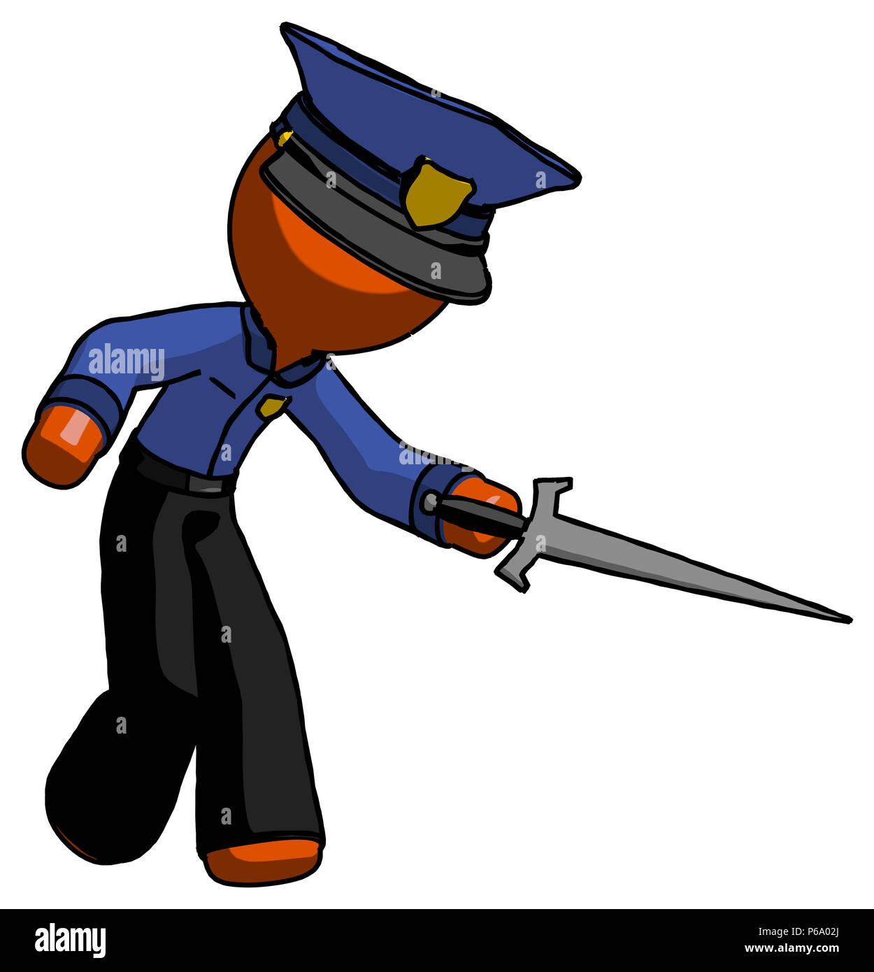 Orange police man sword pose stabbing or jabbing. Stock Photo