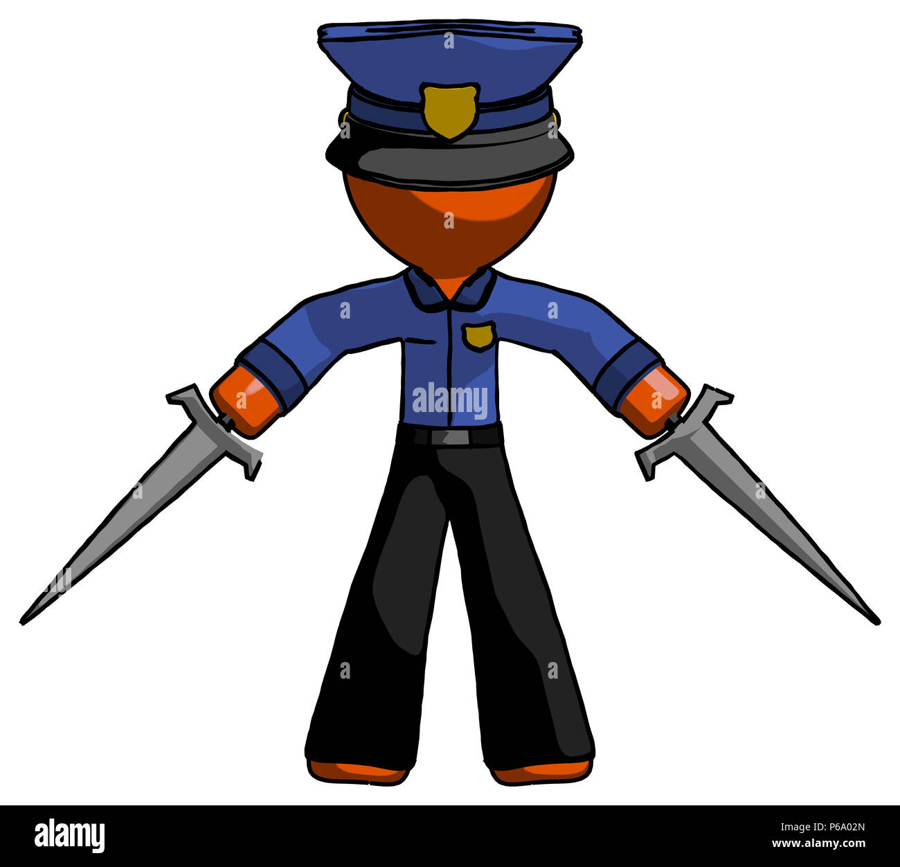 Orange police man two sword defense pose. Stock Photo