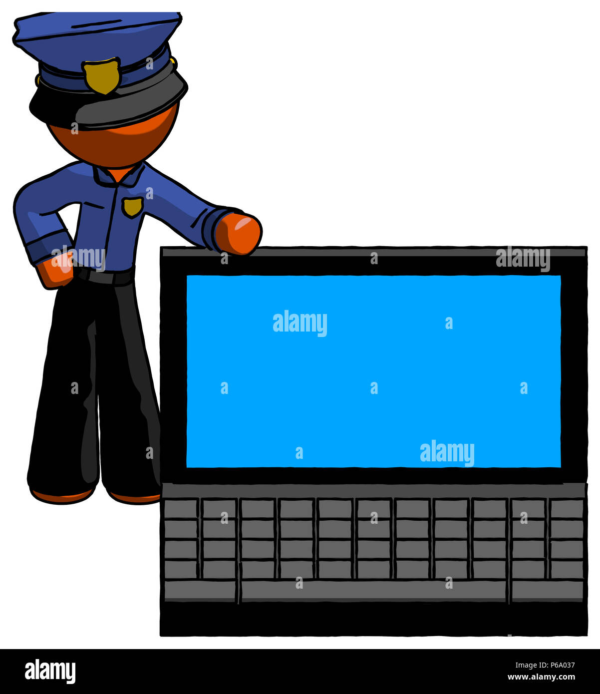 Orange police man beside large laptop computer, leaning against it ...