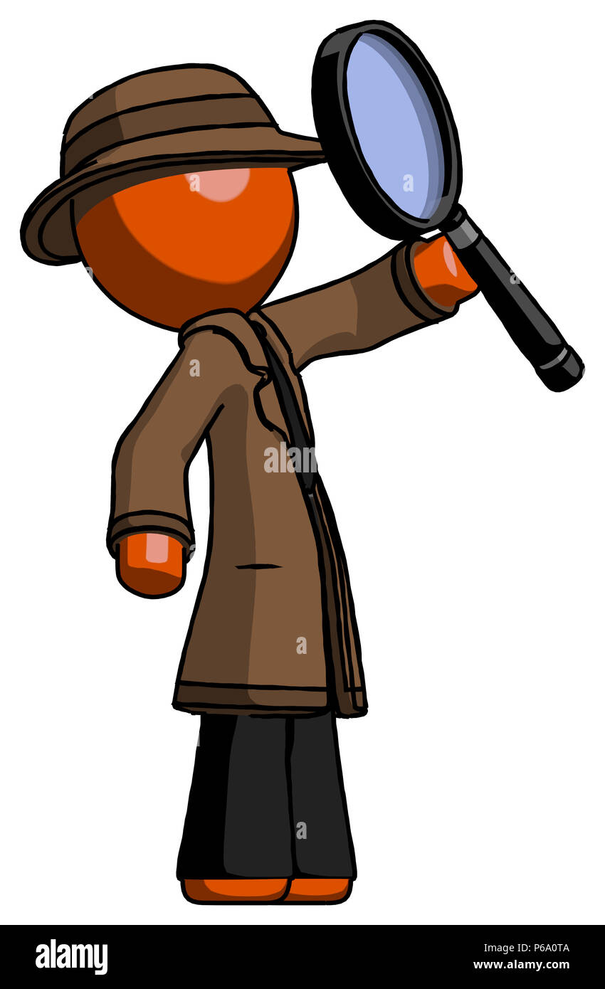 Un hombre naranja detective, sosteniendo una lupa, examinando detenidamente  algo, como se tiende a hacer con una lupa.ba Fotografía de stock - Alamy