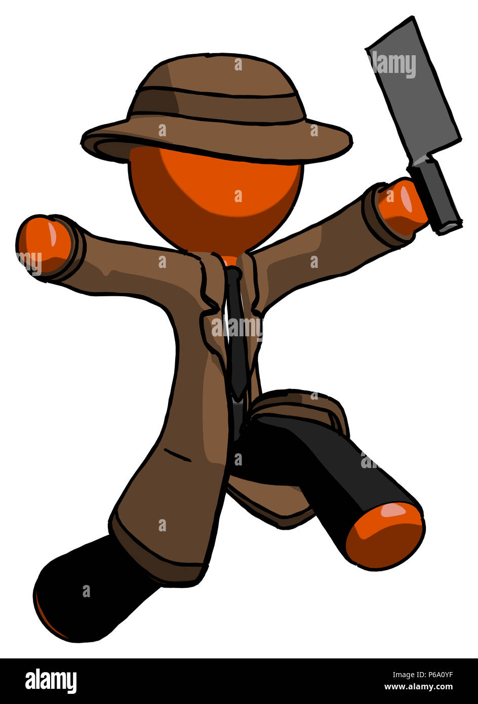 Orange detective man psycho running with meat cleaver. Stock Photo