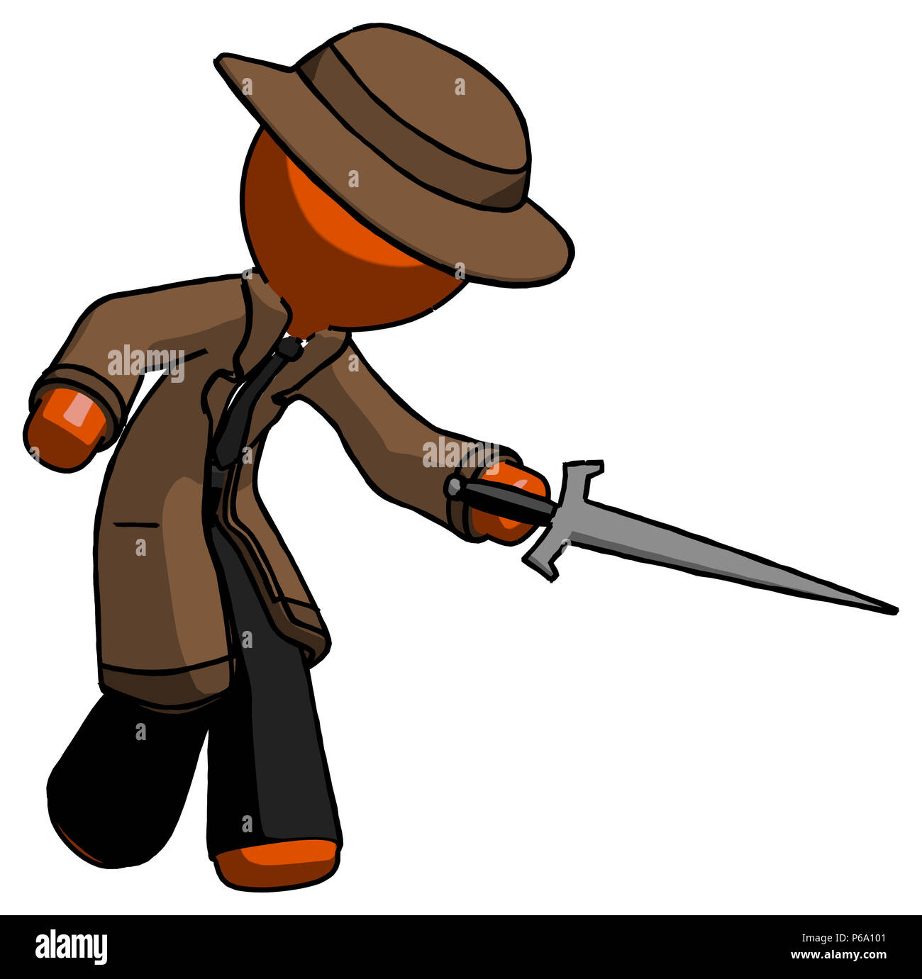 Orange detective man sword pose stabbing or jabbing. Stock Photo