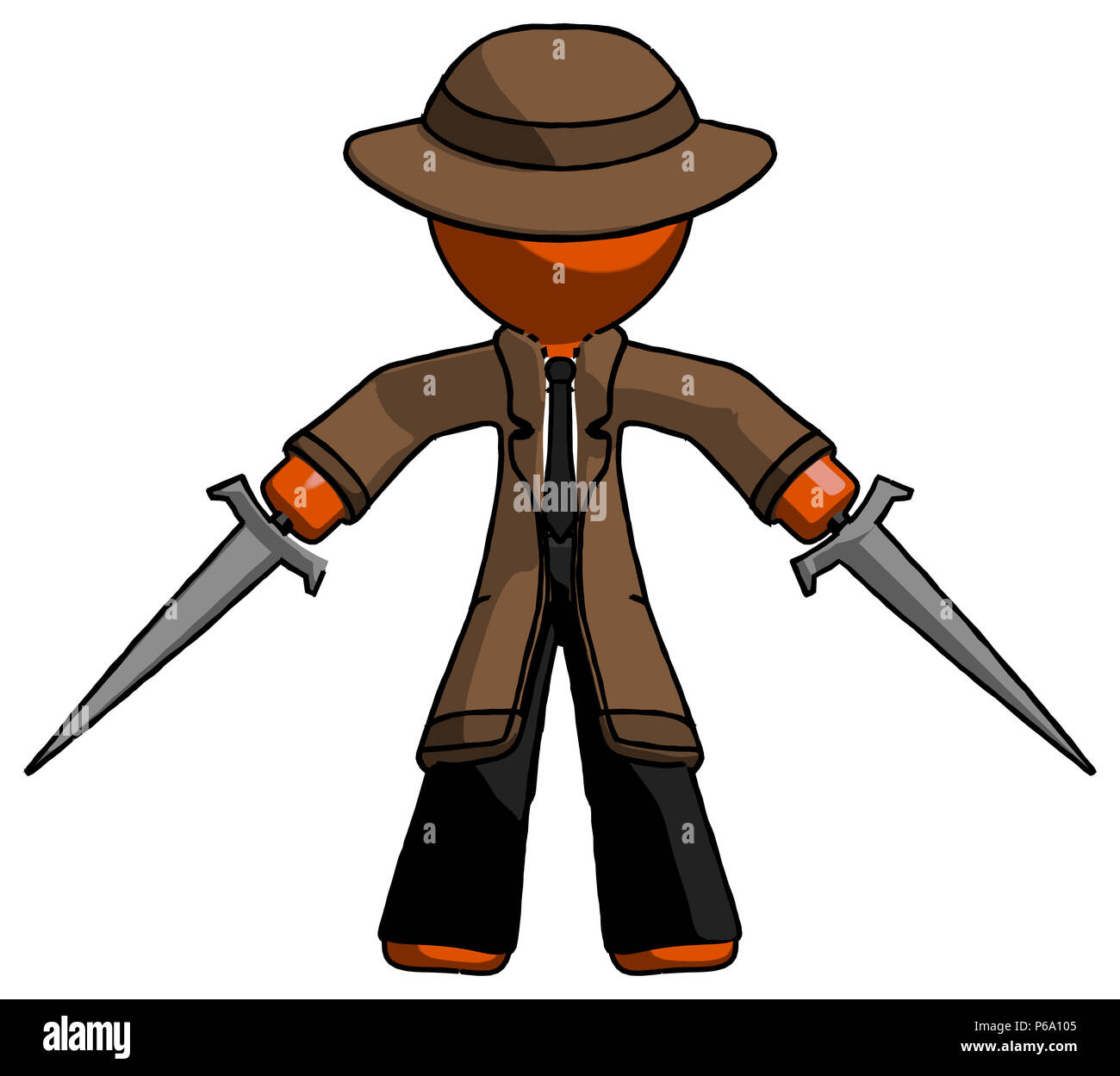 Orange detective man two sword defense pose. Stock Photo