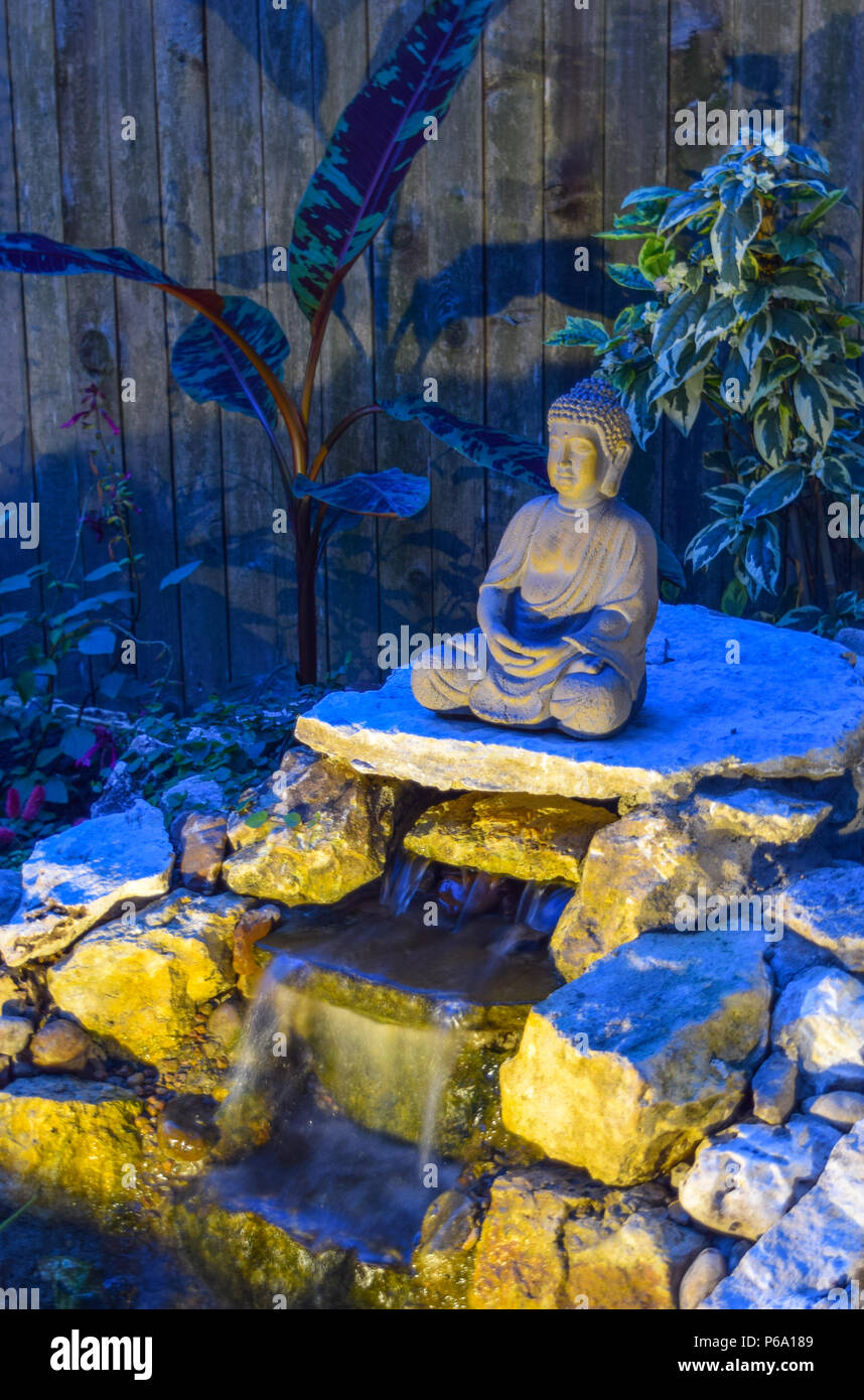Creative landscape lighting shines on a Buddha in a zen garden oasis in the backyard of a home near Austin, TX Stock Photo