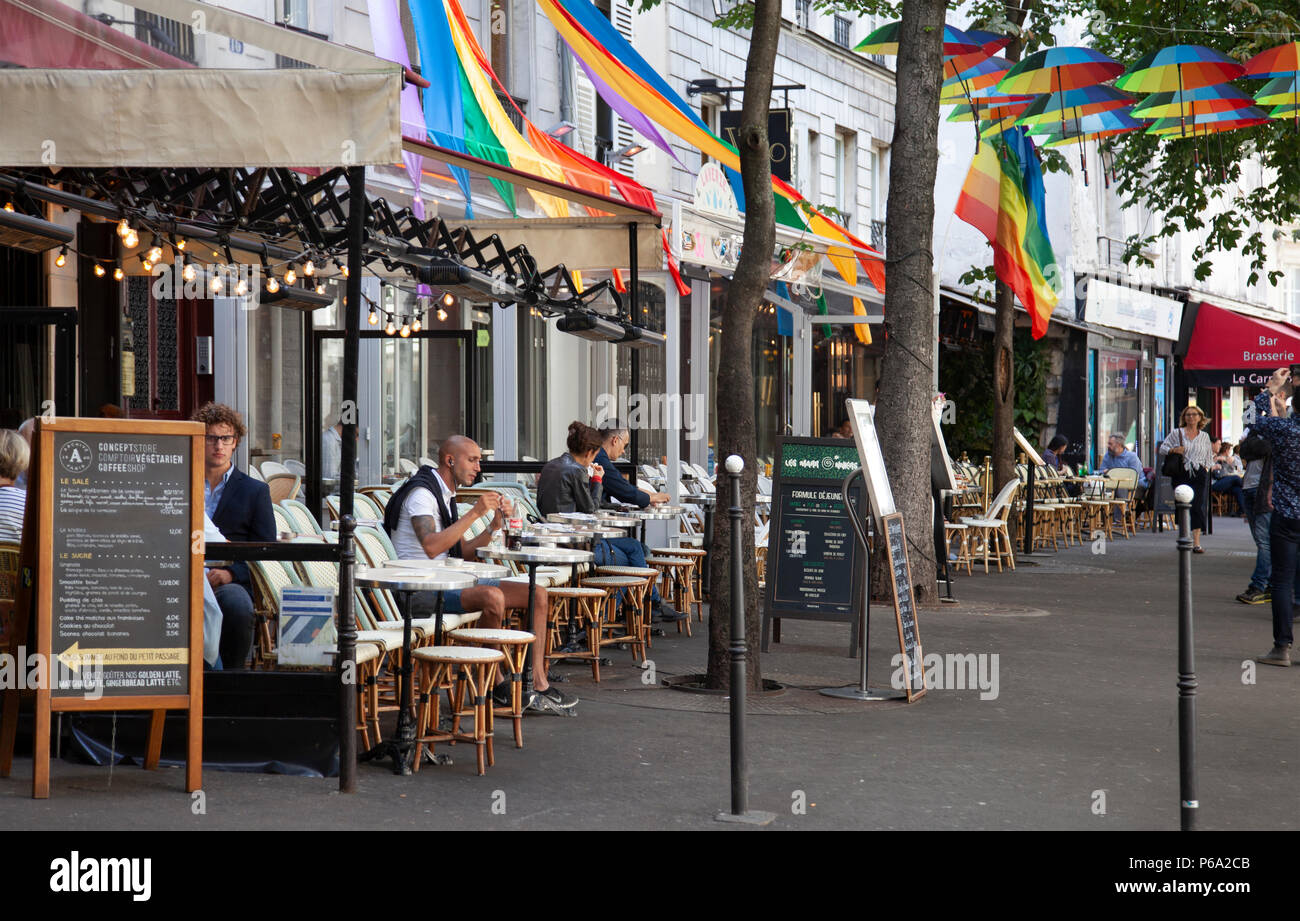 Cafes Along Rue des Archives in Marais District of Paris, France Stock Photo