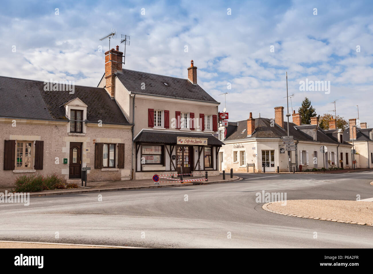 Fougeres-sur-Bievre, France - 6 November, 2016: Street view with old houses facades in French medieval town, Loire river Valley Stock Photo