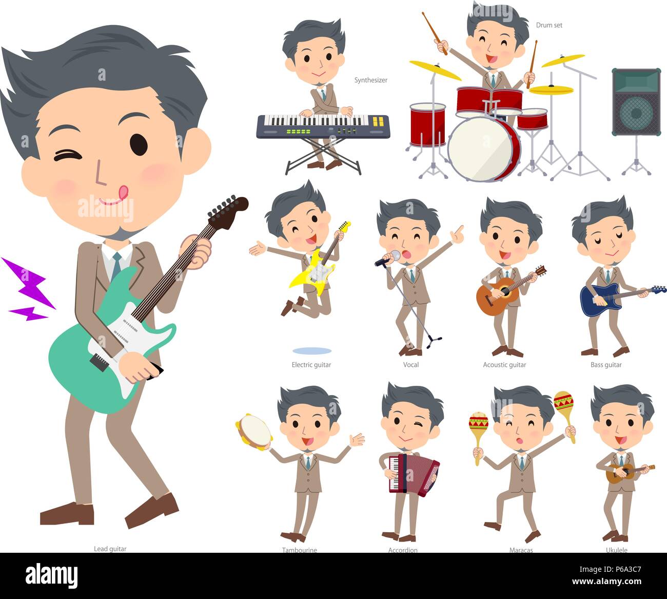 A set of businessman playing rock 'n' roll and pop music.There are also various instruments such as ukulele and tambourine.It's vector art so it's eas Stock Vector