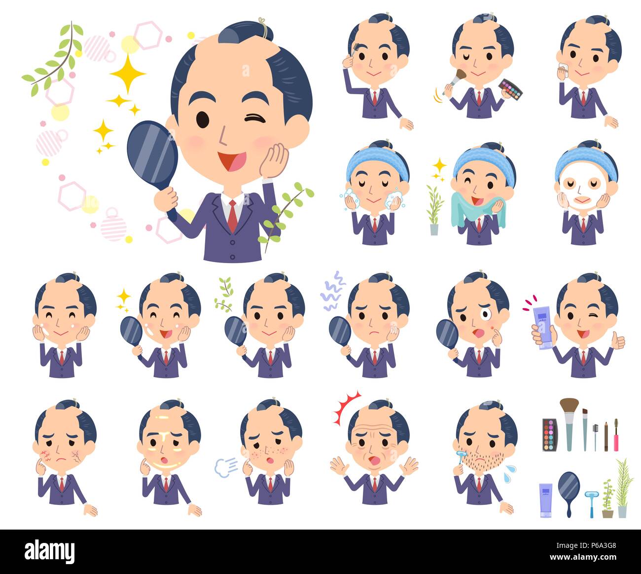 A set of businessman on beauty.There are various actions such as skin care and makeup.It's vector art so it's easy to edit. Stock Vector