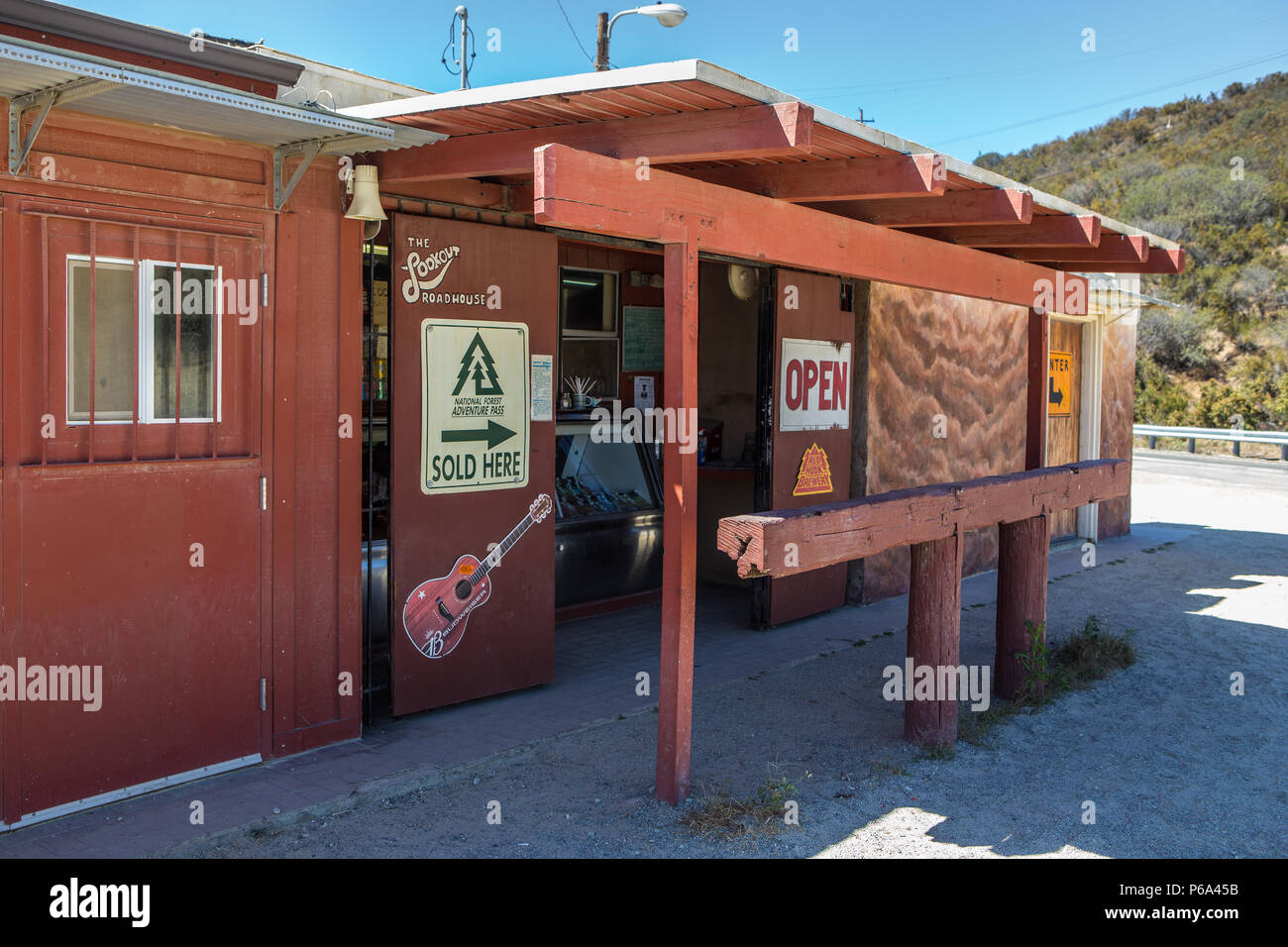 Lookout Roadhouse  on Ortega Hwy displaying the national forest adventure pass for sale  sign. Lake Elsinore California USA Stock Photo