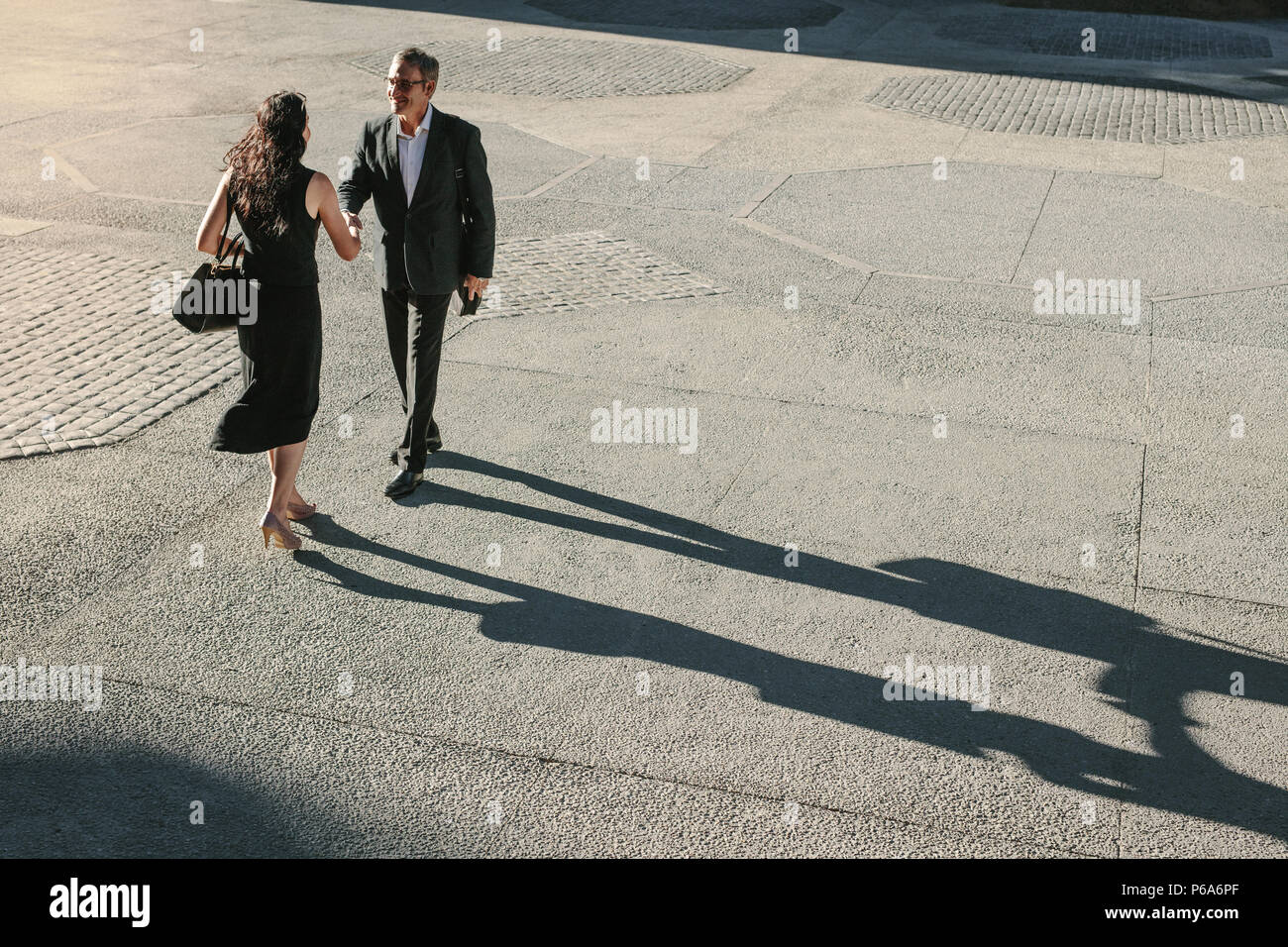 Business colleagues greeting each other and shakings hands on a street while commuting to office. Businesswoman shaking hand with a colleague outdoors Stock Photo