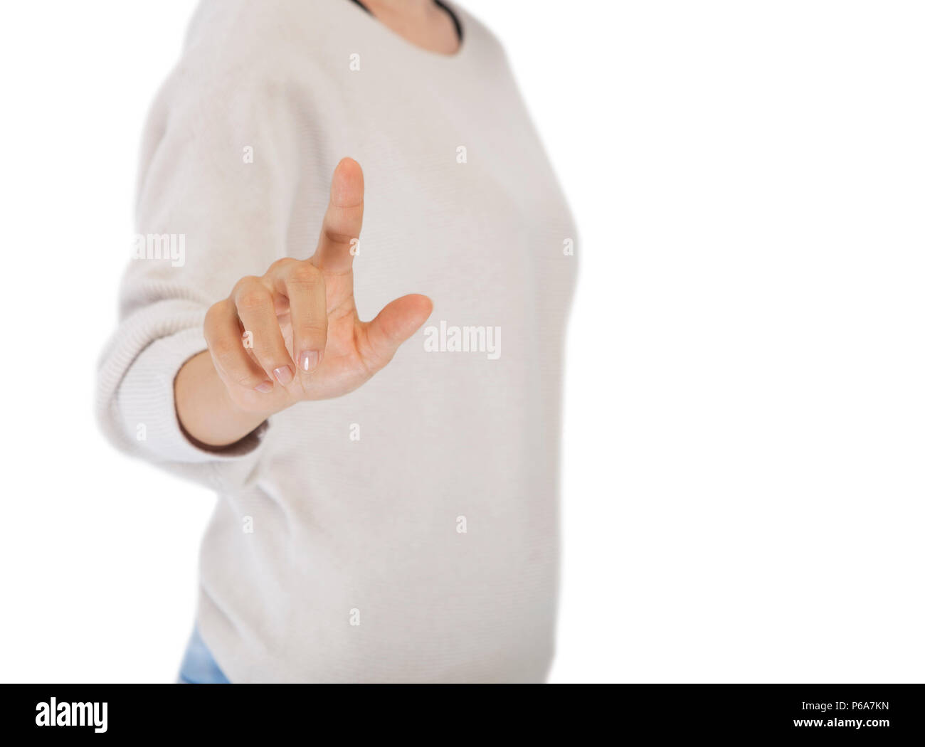 a woman holds her index finger forward, not a face Stock Photo