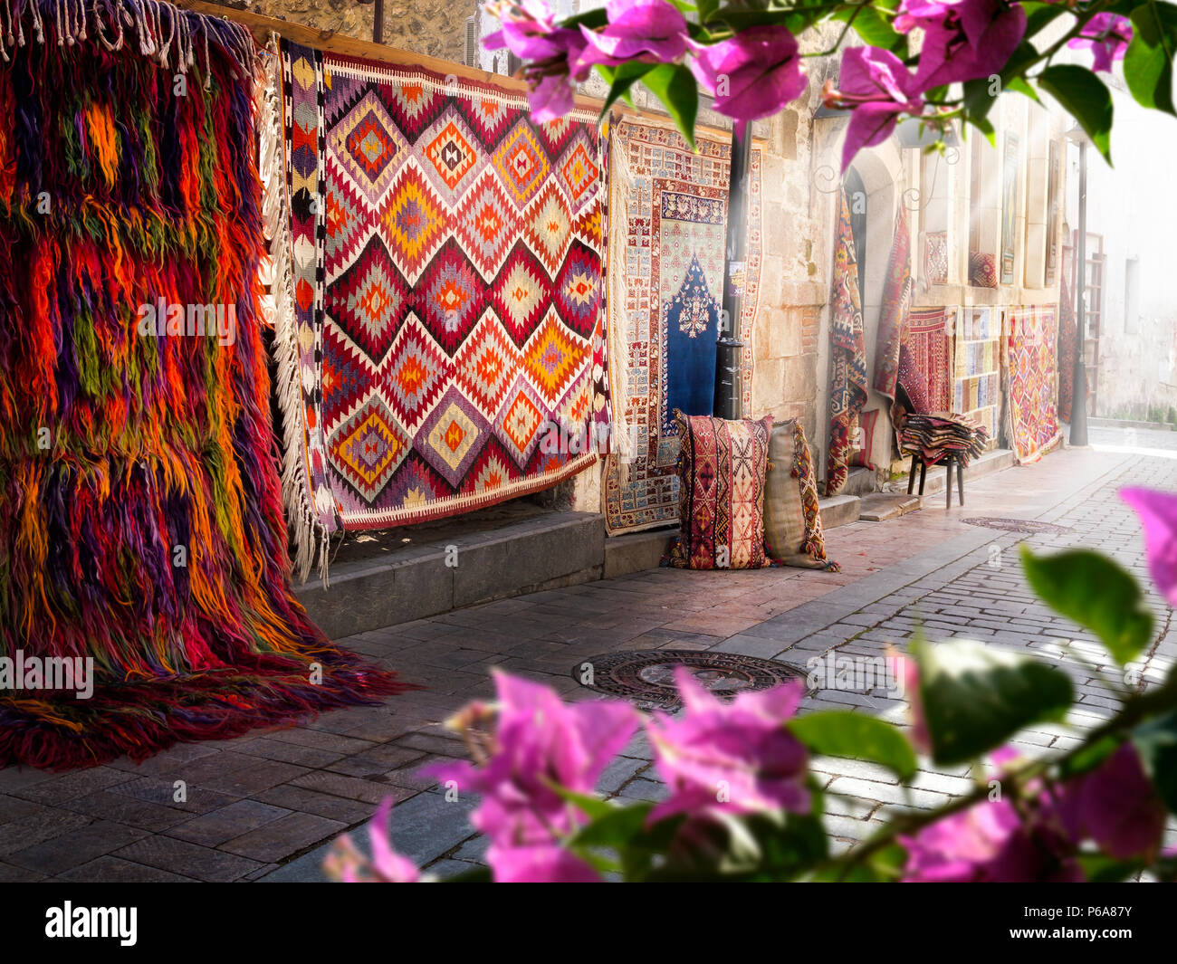detail shot from handmade carpet and rug store in Antalya, Turkey Stock