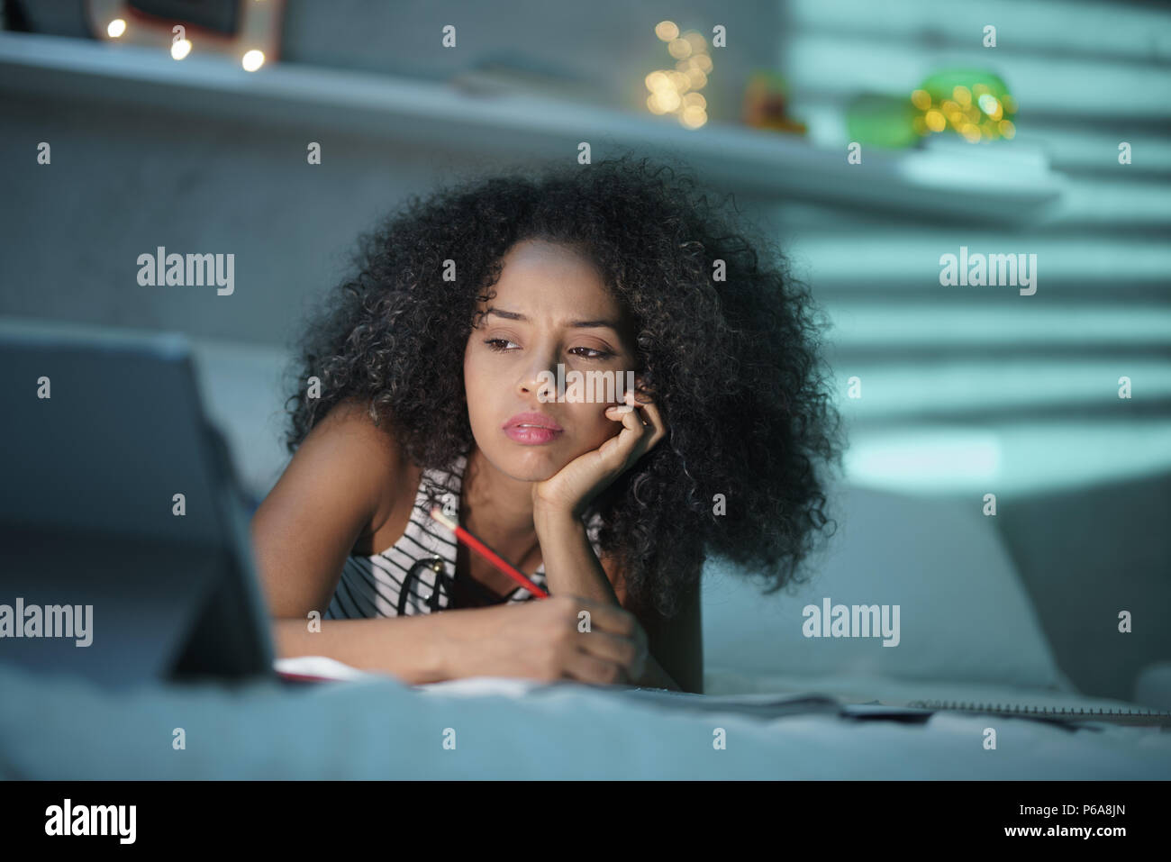 Tired Black Woman Studying At Home With Laptop Pc Stock Photo