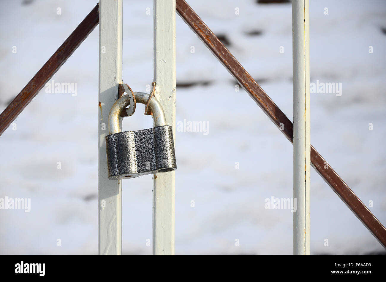 A large gray padlock hangs on a metal gate . Stock Photo