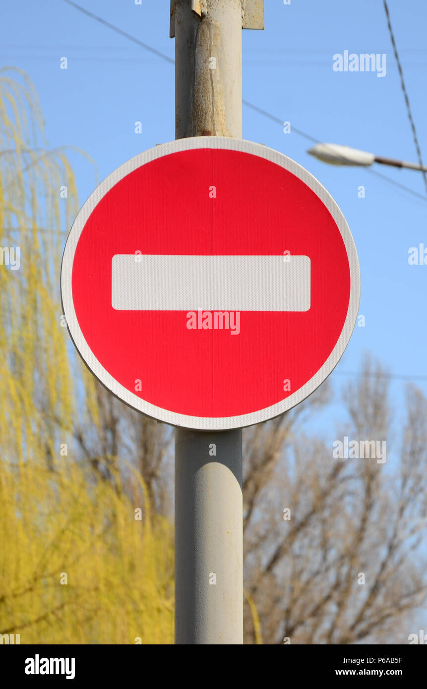 Road sign in the form of a white rectangle in a red circle. No entry Stock  Photo - Alamy