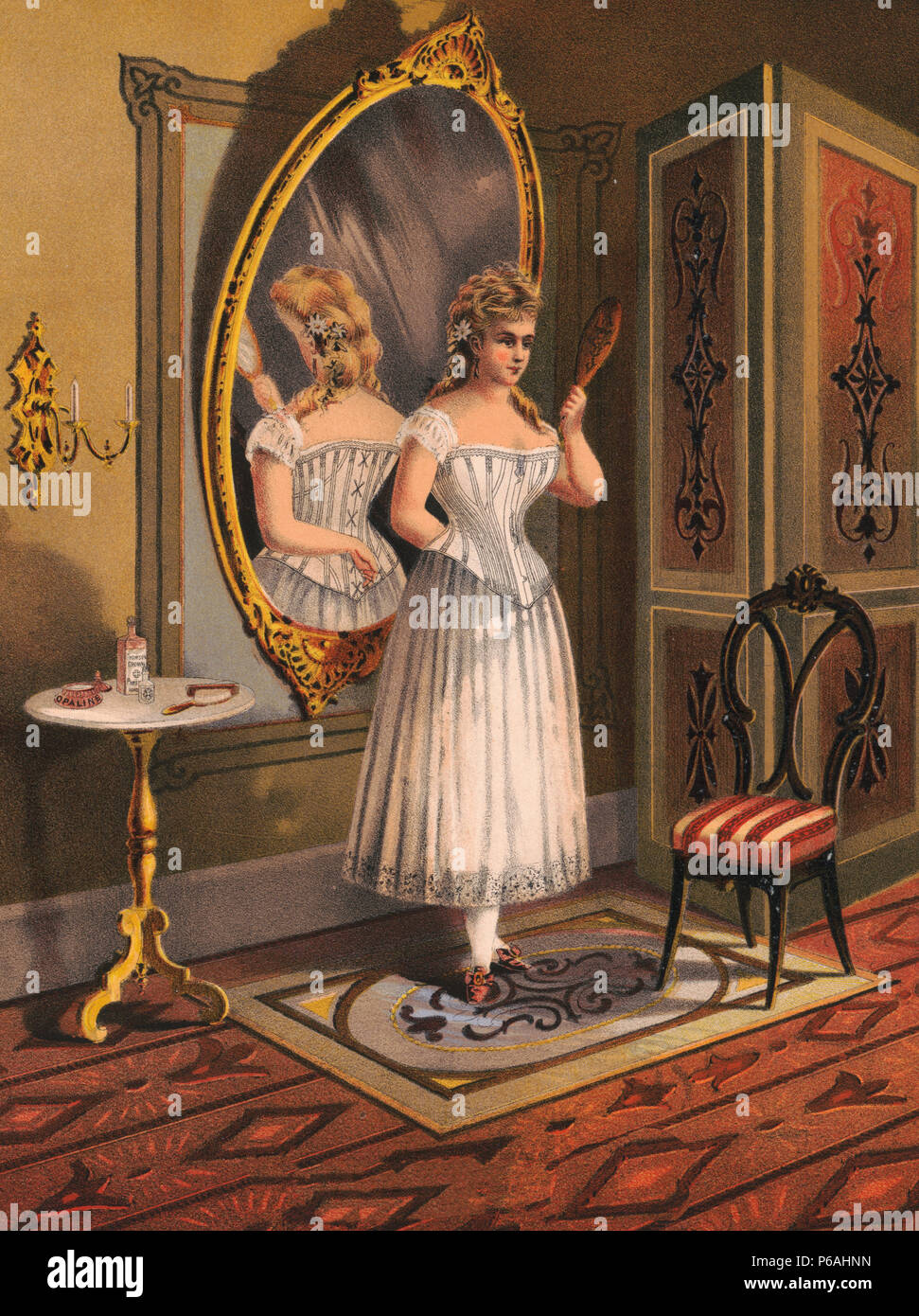 Illustration shows the interior of a room with a young woman standing with her back to a large mirror and holding a small mirror in her left hand with which she can see herself in the larger mirror Stock Photo
