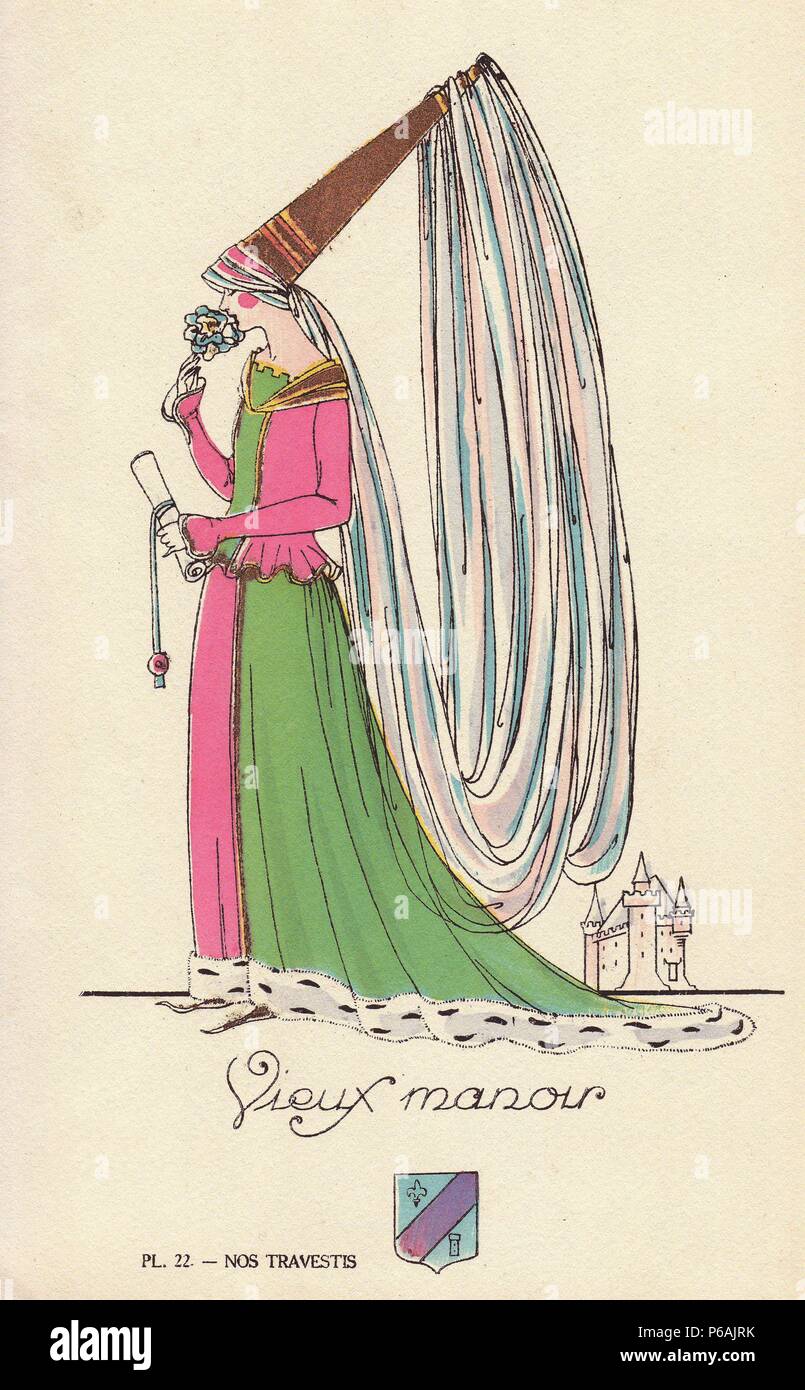 Woman in medieval costume for a fancy dress ball, old manor or vieux manoir, with tall hat with long veils, two-tone dress lined with ermine. Lithograph by unknown artist with pochoir stencil handcolouring from 'Nos Travestis' (Our Fancy Dress Costumes), Paris, 1928. Stock Photo