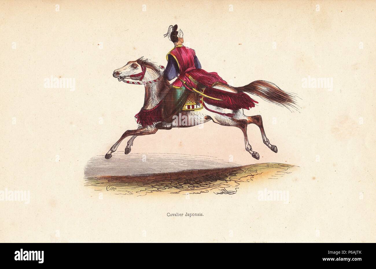 Japanese cavalryman with tunic over pantaloons, carrying a sword, riding a  horse. Handcoloured woodcut by Mop after an illustration by C.M. from  Auguste Wahlen's "Moeurs, Usages et Costumes de tous les Peuples