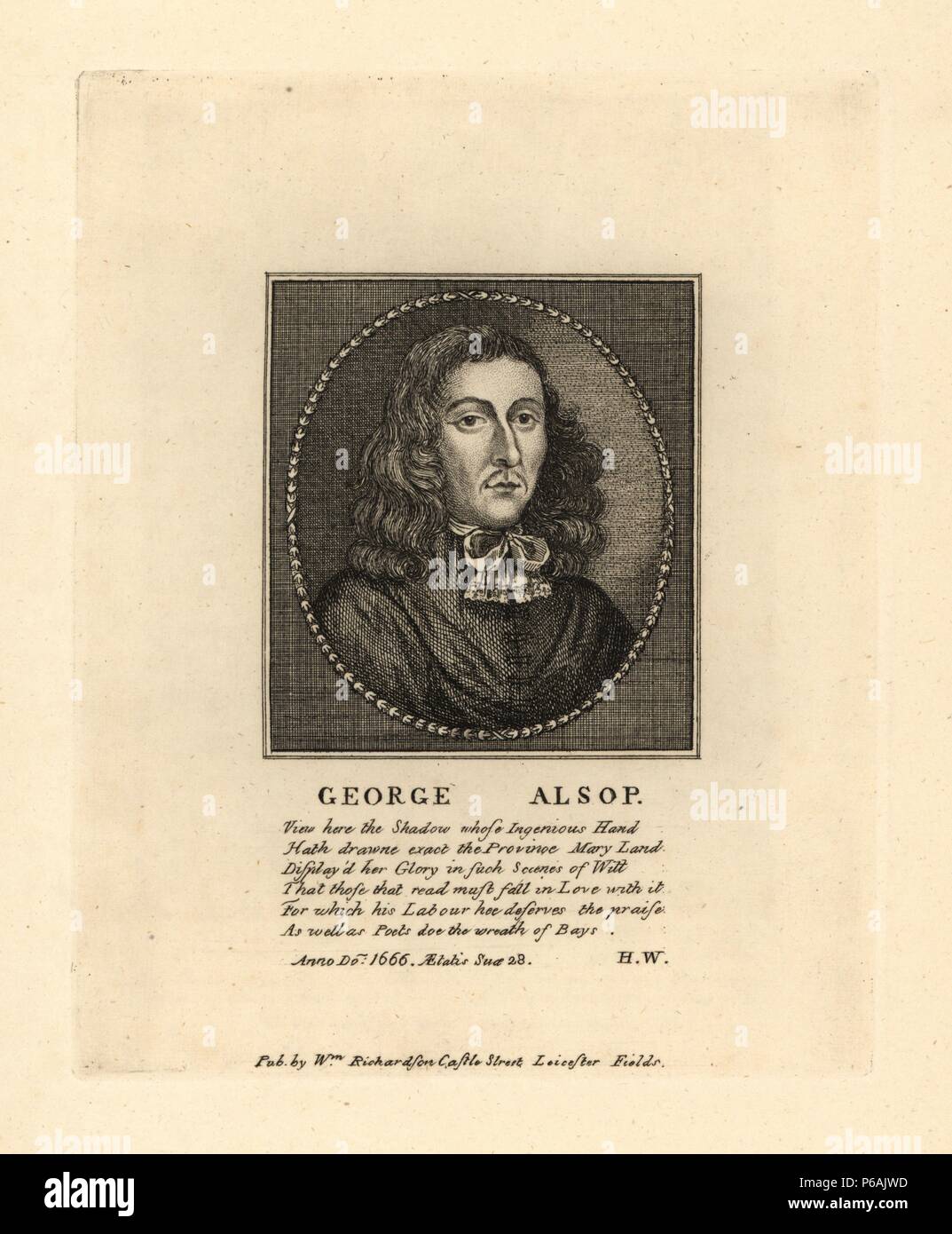 George Alsop, aged 28, author of 'A Character of the Province of Maryland,' 1666. Copperplate engraving from Richardson's 'Portraits illustrating Granger's Biographical History of England,' London, 1792–1812. Published by William Richardson, printseller, London. James Granger (1723–1776) was an English clergyman, biographer, and print collector. Stock Photo