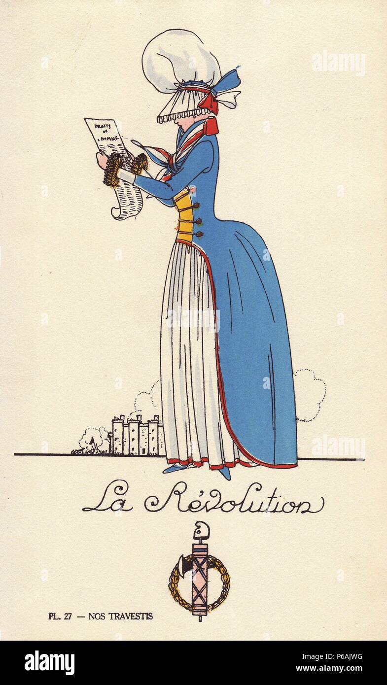 Woman in revolutionary fancy dress, with large white bonnet, tricolor  scarf, blue redingote and white petticoat, in front of the Bastille.  Lithograph by unknown artist with pochoir stencil handcolouring from "Nos  Travestis" (