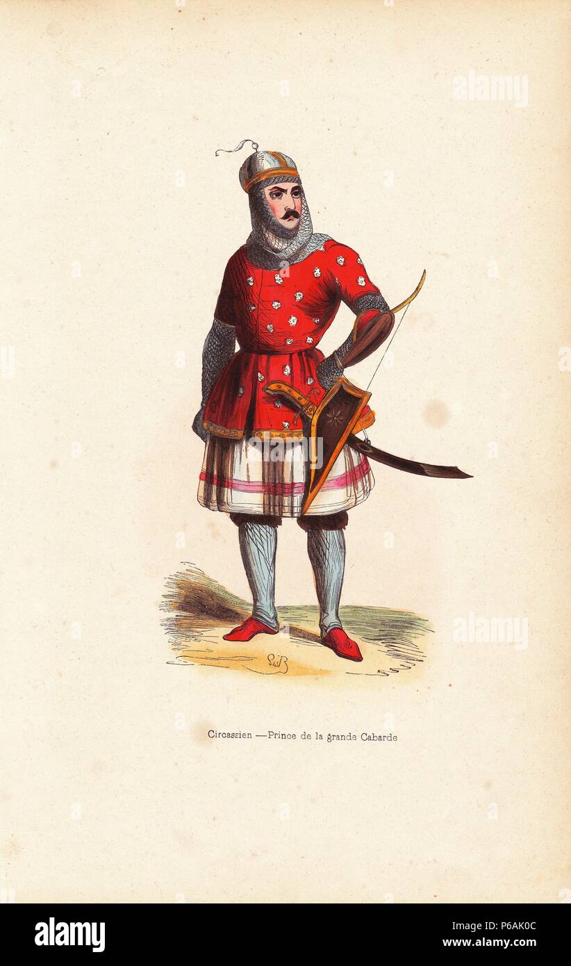 Kabard prince, Circassian people, wearing helmet, chain-mail tunic, tabard,  skirt, and trousers, carrying a bow in a case and a scimitar. Handcoloured  woodcut after an illustration by S.B. from Auguste Wahlen's "Moeurs,