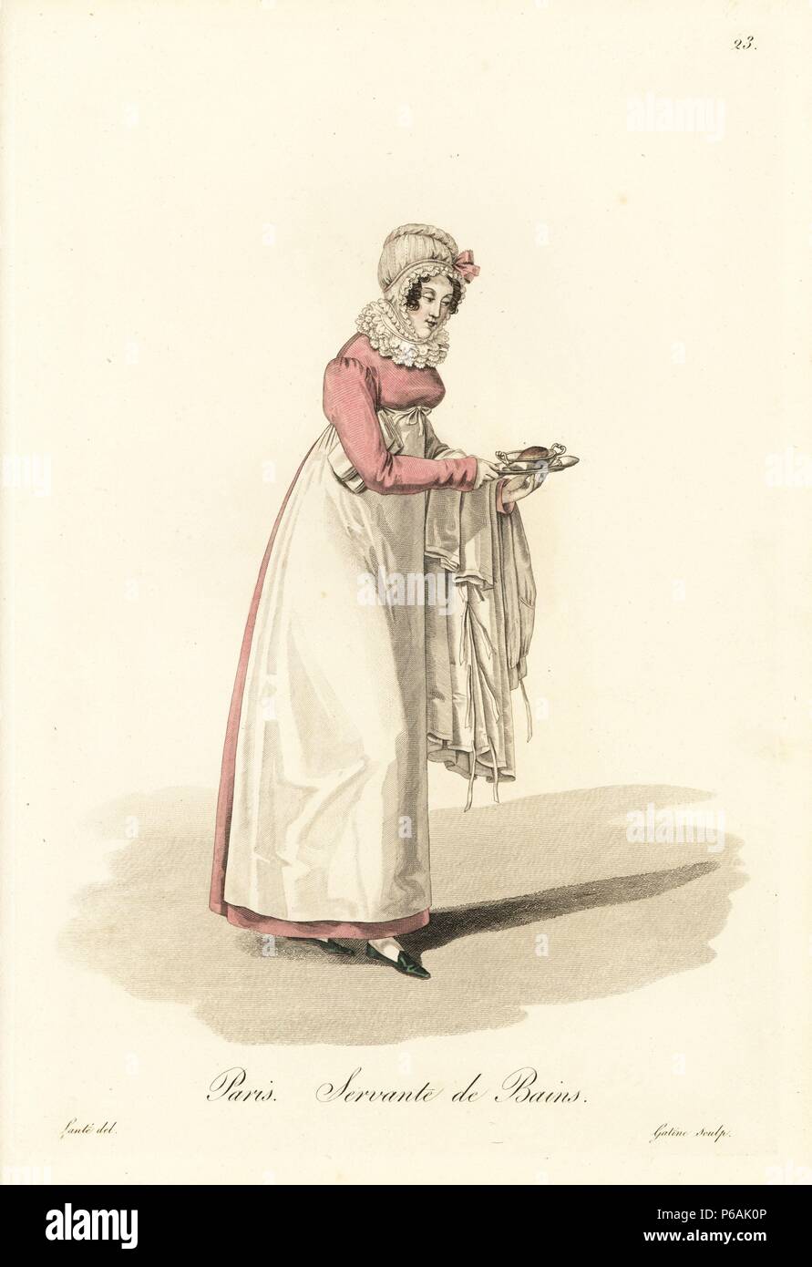 Servant at the baths, Paris, early 19th century, in lace bonnet and collar,  pink dress and white apron, carrying a dish of soap and bath linen.  Handcoloured copperplate engraving by Gatine after