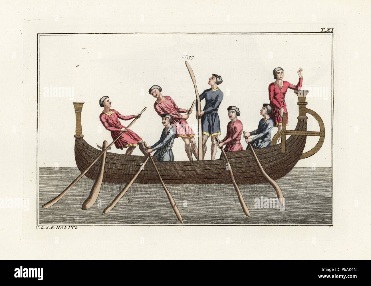 Anglo Saxon ship from the era before the Norman invasion, 11th century. Handcoloured copperplate engraving by Paul Weindl from Robert von Spalart's 'Historical Picture of the Costumes of the Principal People of Antiquity and of the Middle Ages,' Chez Collignon, Metz, 1810. Stock Photo