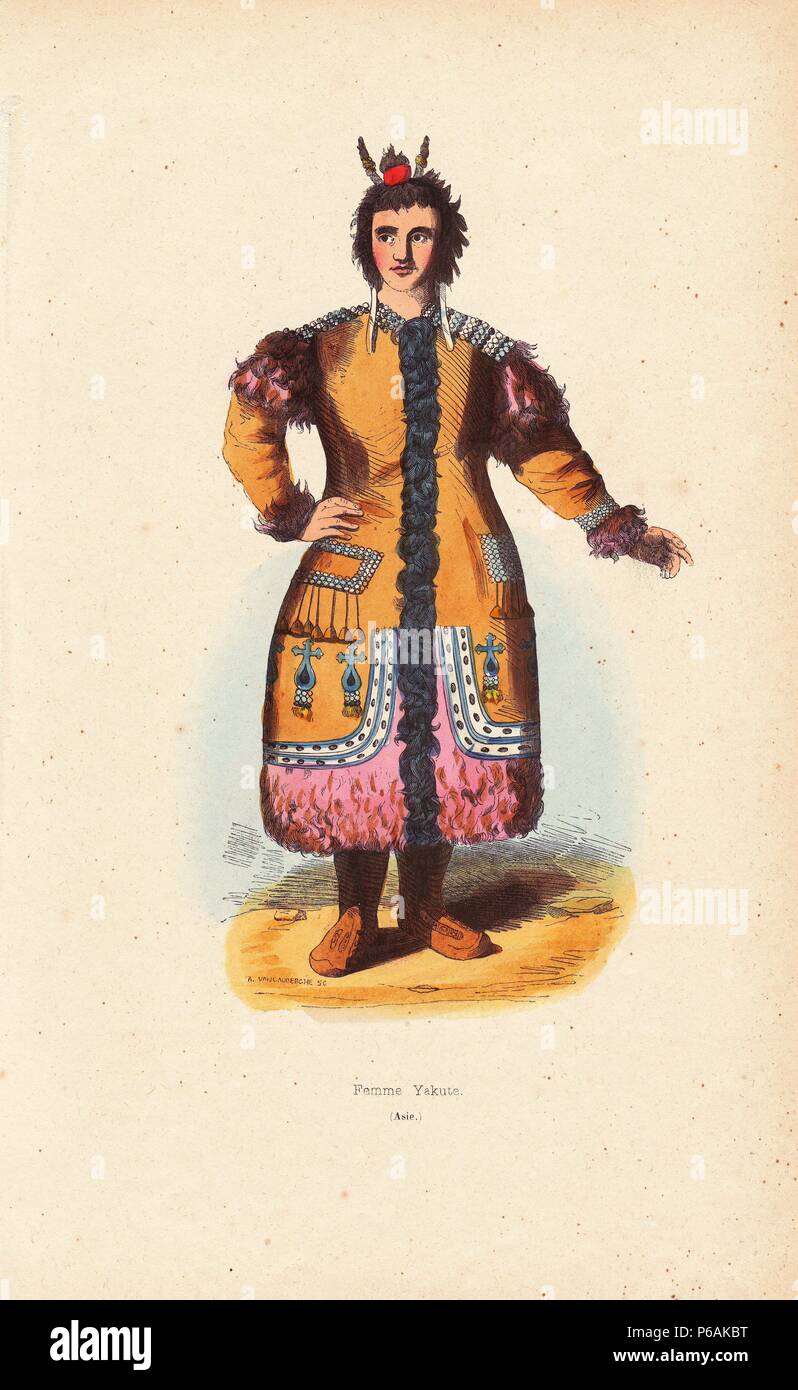 Yakut woman wearing earrings, fur-lined coat decorated with beads. Handcoloured woodcut by A. Vangauberche from Auguste Wahlen's 'Moeurs, Usages et Costumes de tous les Peuples du Monde,' Librairie Historique-Artistique, Brussels, 1845. Wahlen was the pseudonym of Jean-Francois-Nicolas Loumyer (1801-1875), a writer and archivist with the Heraldic Department of Belgium. Stock Photo