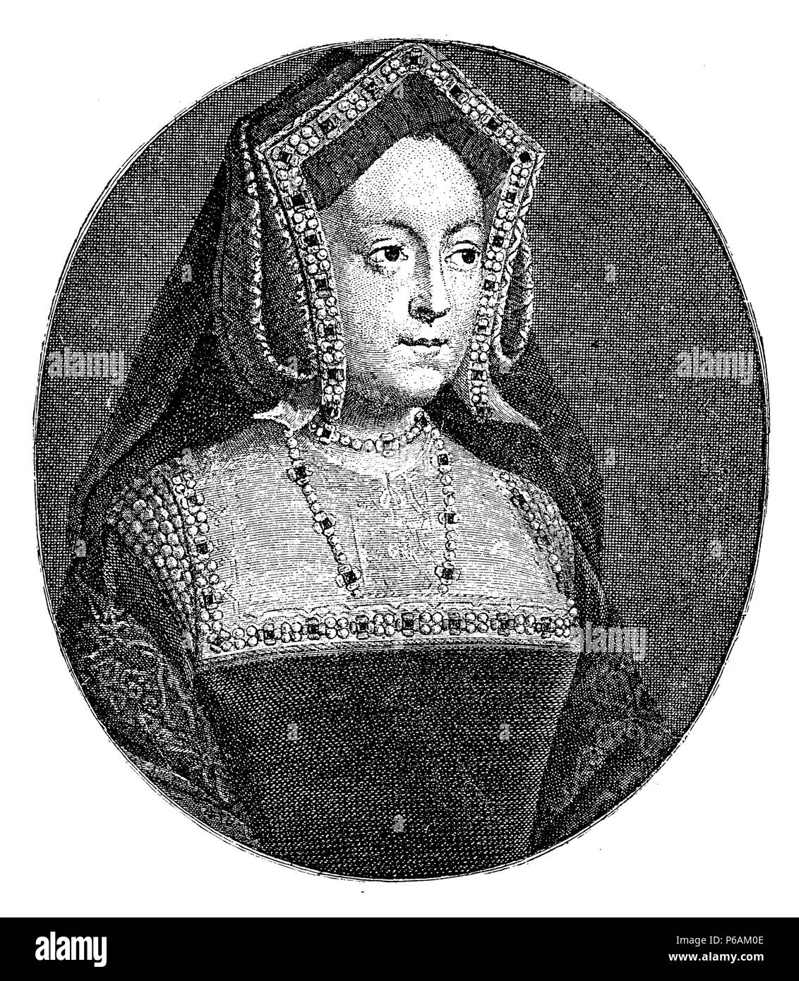 Catherine of Aragon, first wife of Henry VIII. After the painting by Adrian van der Werff, engraved by Vermeulen, Adrian van der Werff u Vermeulen  1899 Stock Photo