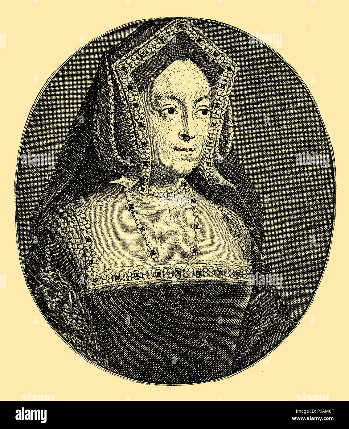 Catherine of Aragon, first wife of Henry VIII. After the painting by Adrian van der Werff, engraved by Vermeulen,   1899 Stock Photo