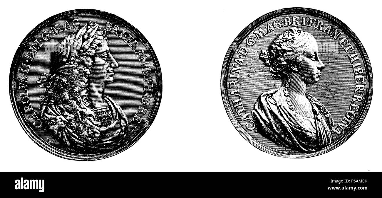 English commemorative coin on the marriage of Charles II with Catherine of Portugal in 1661,   1899 Stock Photo