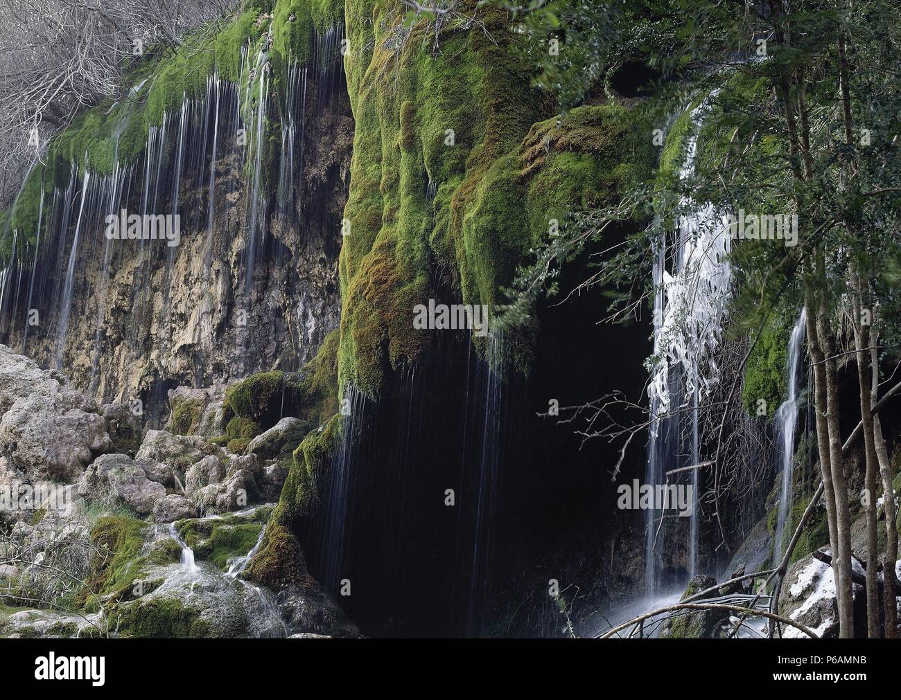 Falls in the born of the river Cuervo. View. Province of Cuenca. Castilla-La Mancha. Spain. Stock Photo