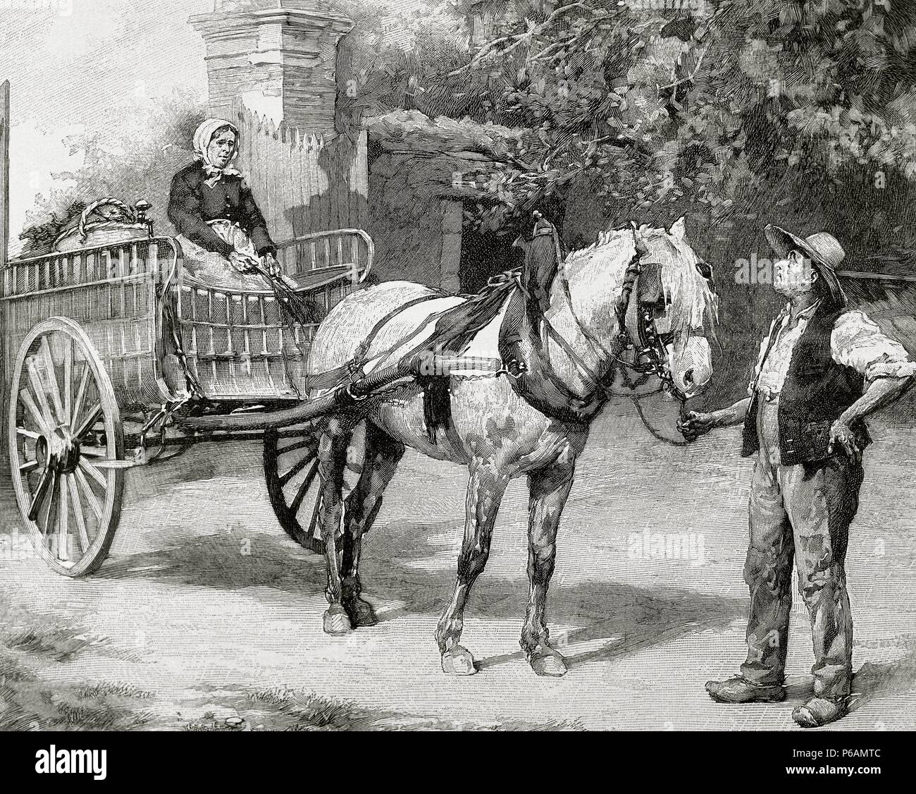 Peasant family with a chariot. Engraving by Huyot, 1880. Stock Photo