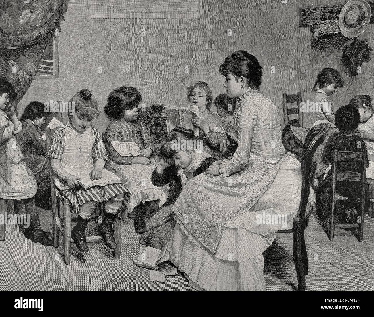 Girls' school. Engraving, 19th century. 'La Ilustracion Espanola y Americana'. Stock Photo