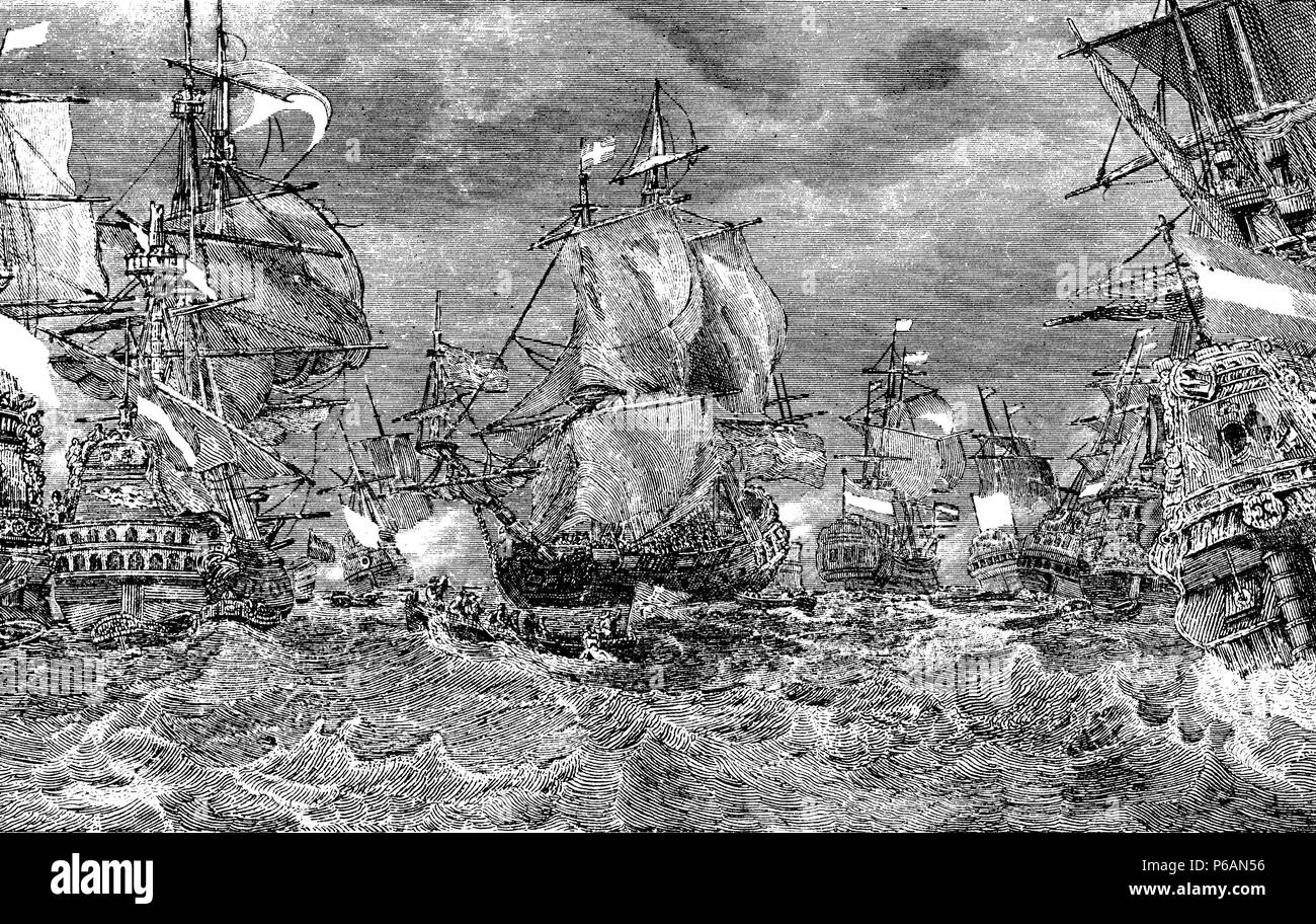 España. Guerra de Sucesióm. Batalla de Rande (Ría de Vigo). Combate naval  en que la escuadra anglo-holandesa persiguió y destruyó la flota franco-española cargada con tesoros de las Indias el 22 de octubre de 1702. Stock Photo