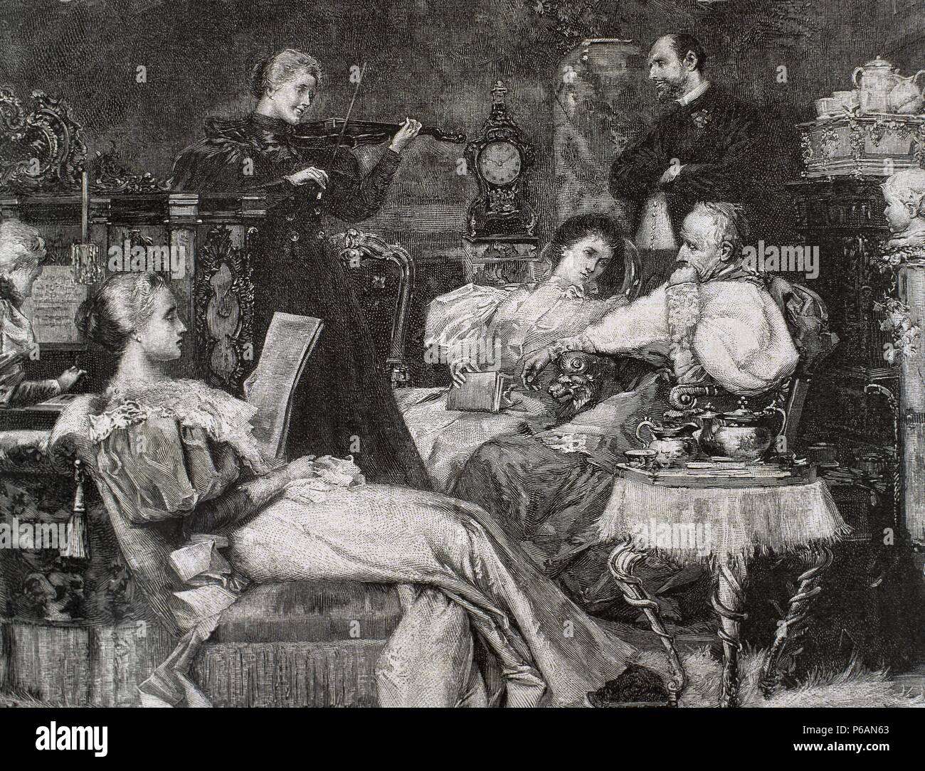 Music Concert. Hall of upper class housing. 1887. Engraved by R. Bong. Stock Photo