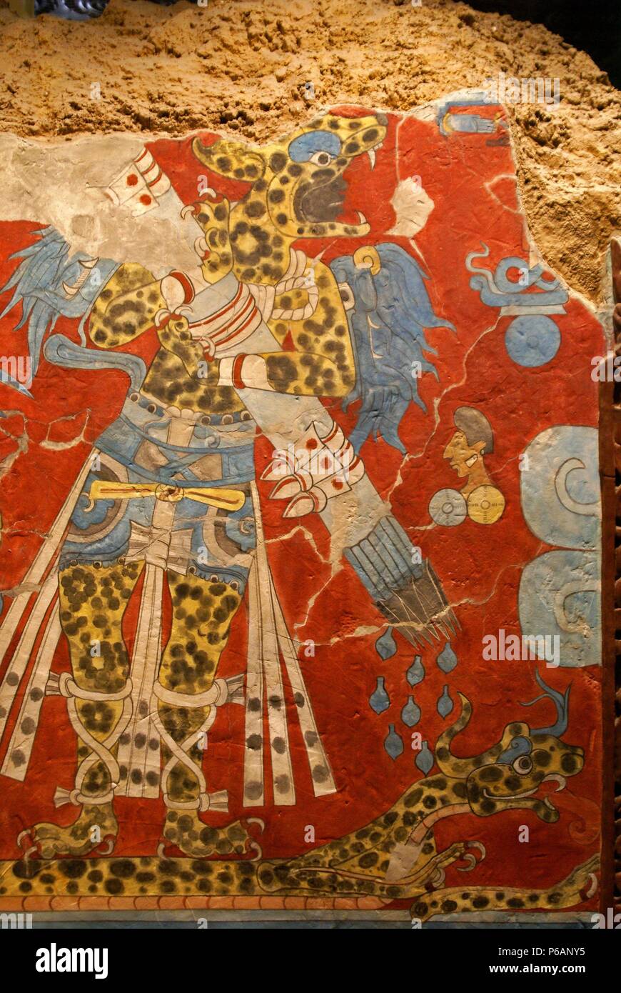 Guerrero ataviado con una piel de jaguar.Pintura mural. Museo Nacional de antropologia. Estado de Mexico D.F. Mexico. Stock Photo