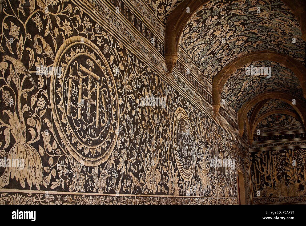 Frescos en el claustro del convento Agustino(s.XVI).Malinalco. Estado de Morelos .México. Stock Photo