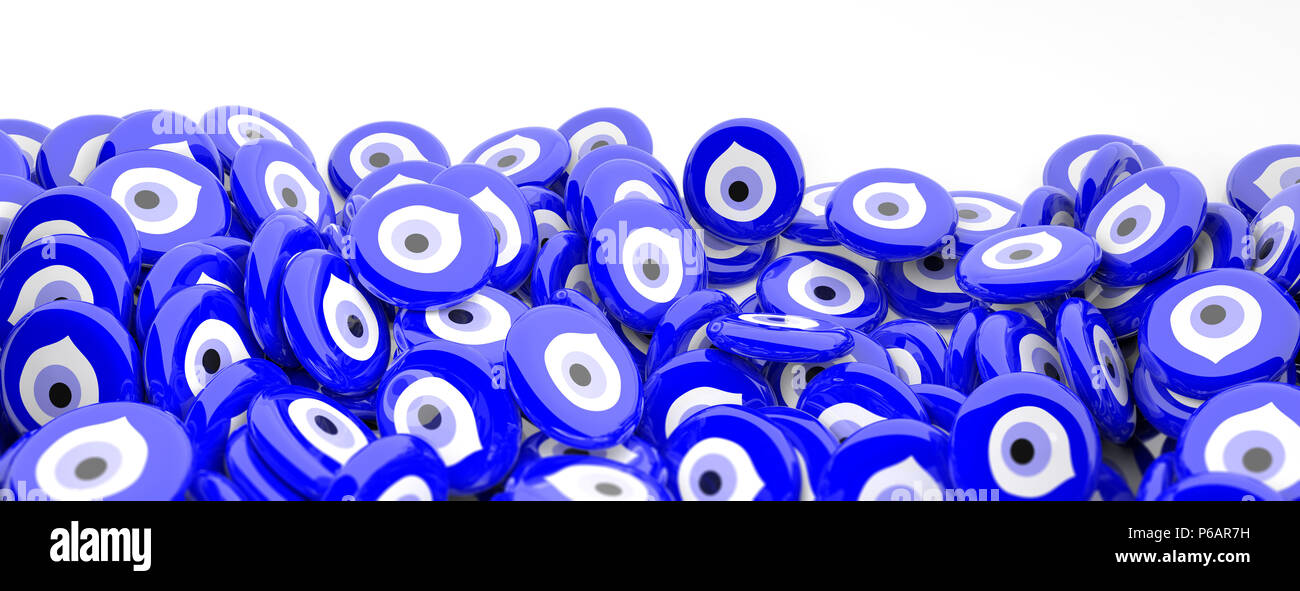 Evil turkish eye amulets in large amount banner and background, protection from bad luck. 3d illustration Stock Photo