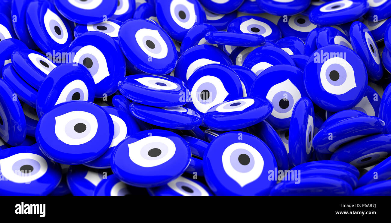 Evil turkish eye amulets in large amount background, protection from bad luck. 3d illustration Stock Photo