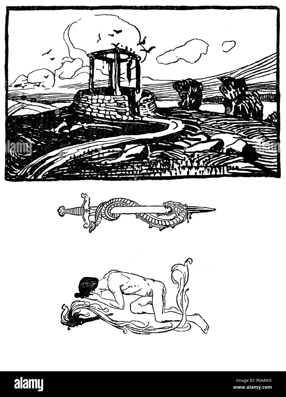Typographic decorative art deco elements early '900: stylized landscape,sword and snake, human figure as banner, border and end chapter decoration Stock Photo