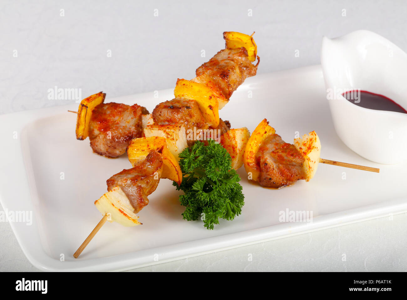 Pork skewers with vegetables Stock Photo Alamy