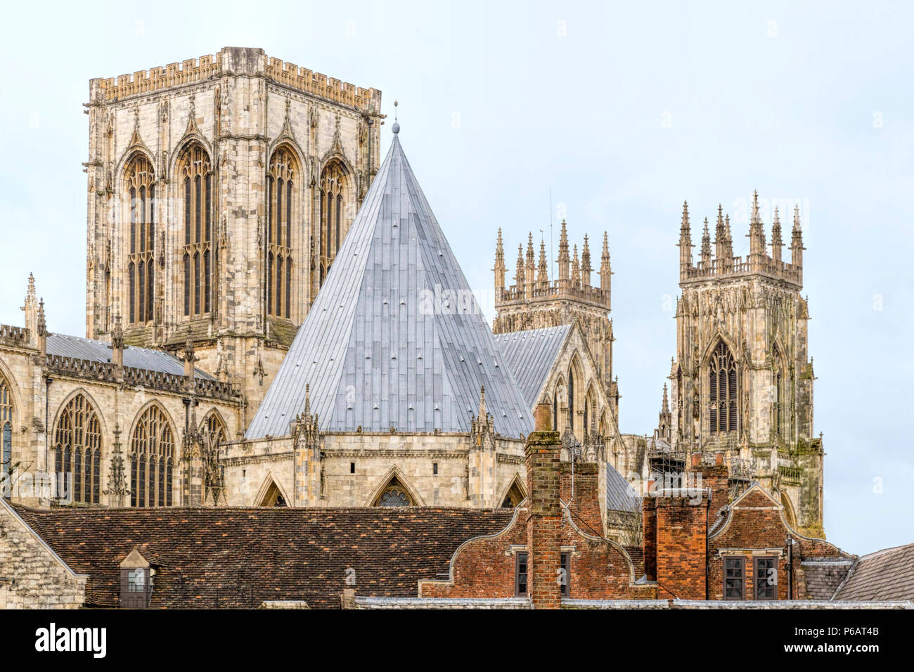 Chapter House rooftop with Central Tower and Western Towers of York Minster, Yorkshire, England, United Kingdom. Stock Photo