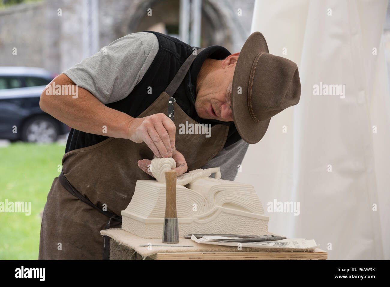 Winchester Cathedral Stone Festival. Masons from around the country will gather within the Inner Close of the Cathedral and carve sculptures, Hants UK Stock Photo