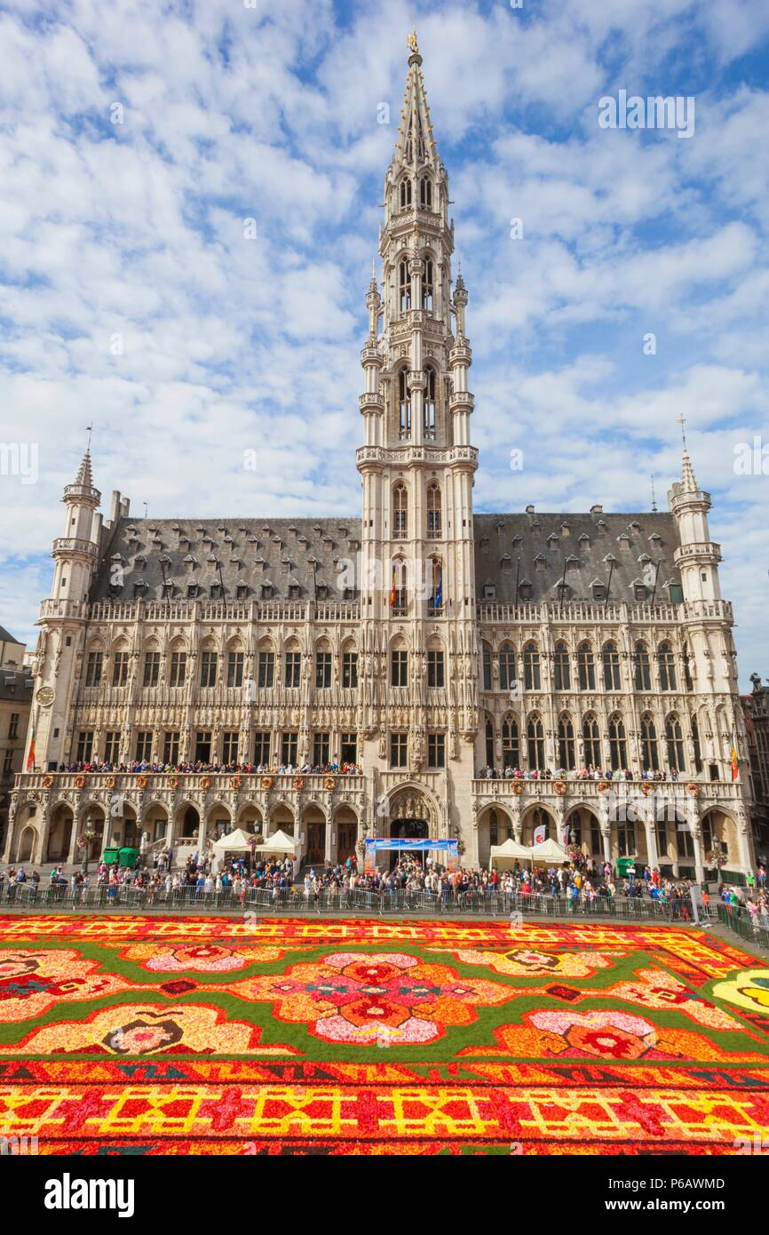 Belgium,Brussels,Grand Place,Flower Carpet Festival and The Town Hall Stock Photo