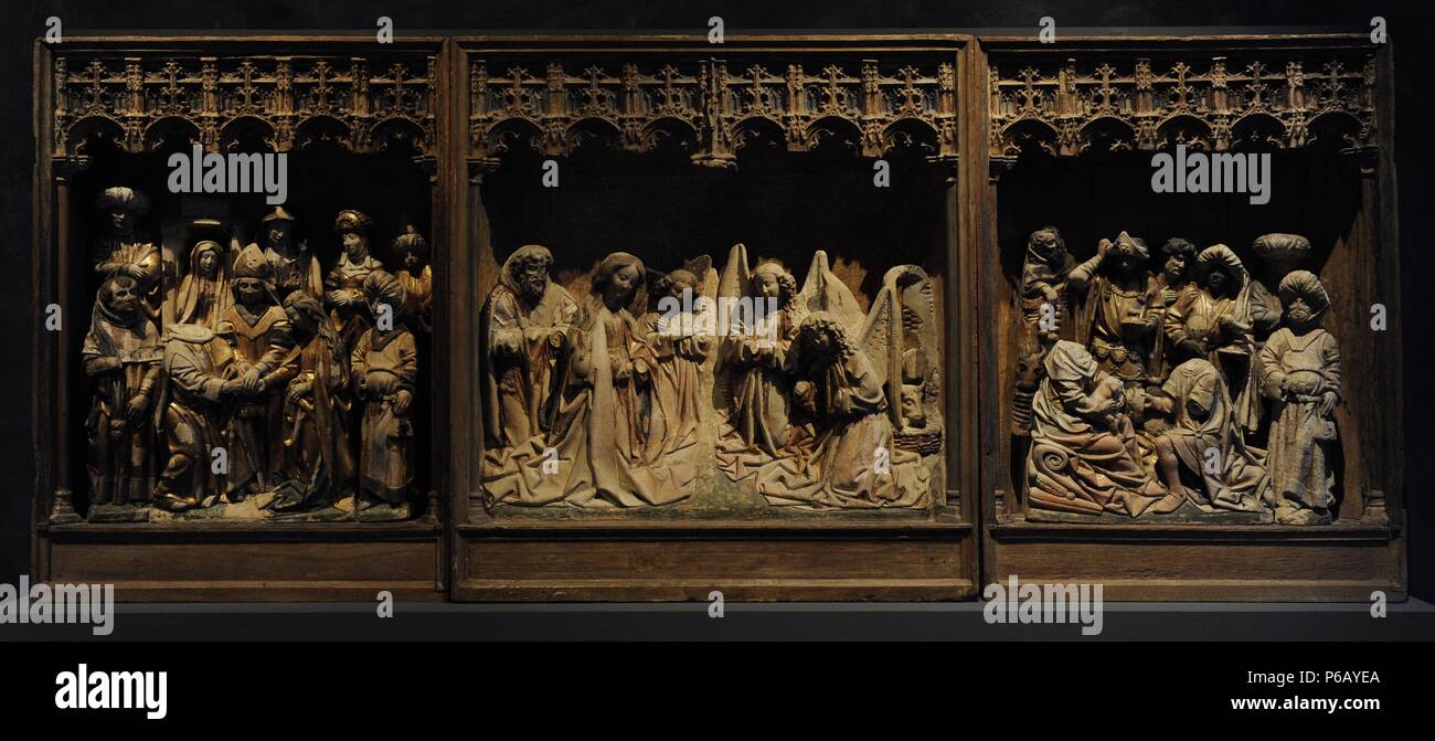 Altarpiece of Saint Lambert. Utrecht, 1470-1480. Clay. Dedicated to the life of Mary. Nativity, Adoration of the Kings and Marriage of Mary and Joseph. From the chapel of the convent of St Lambert Malassis. Catharijneconvent Museum. Utrecht. Netherlands. Stock Photo