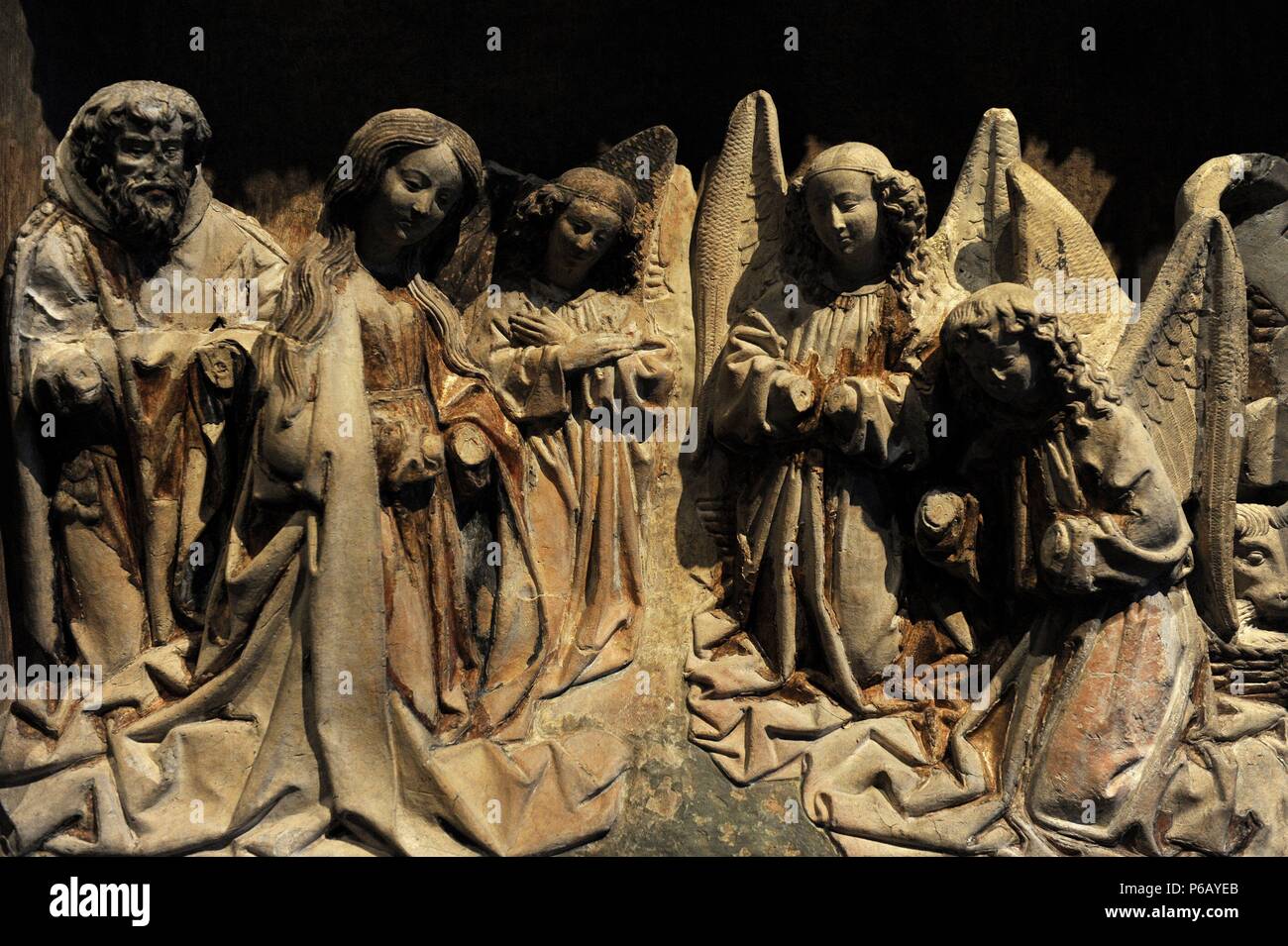 Altarpiece of Saint Lambert. Utrecht, 1470-1480. Clay. Dedicated to the life of Mary. Detail. Nativity. From the chapel of the convent of St Lambert Malassis.  Catharijneconvent Museum. Utrecht. Netherlands. Stock Photo