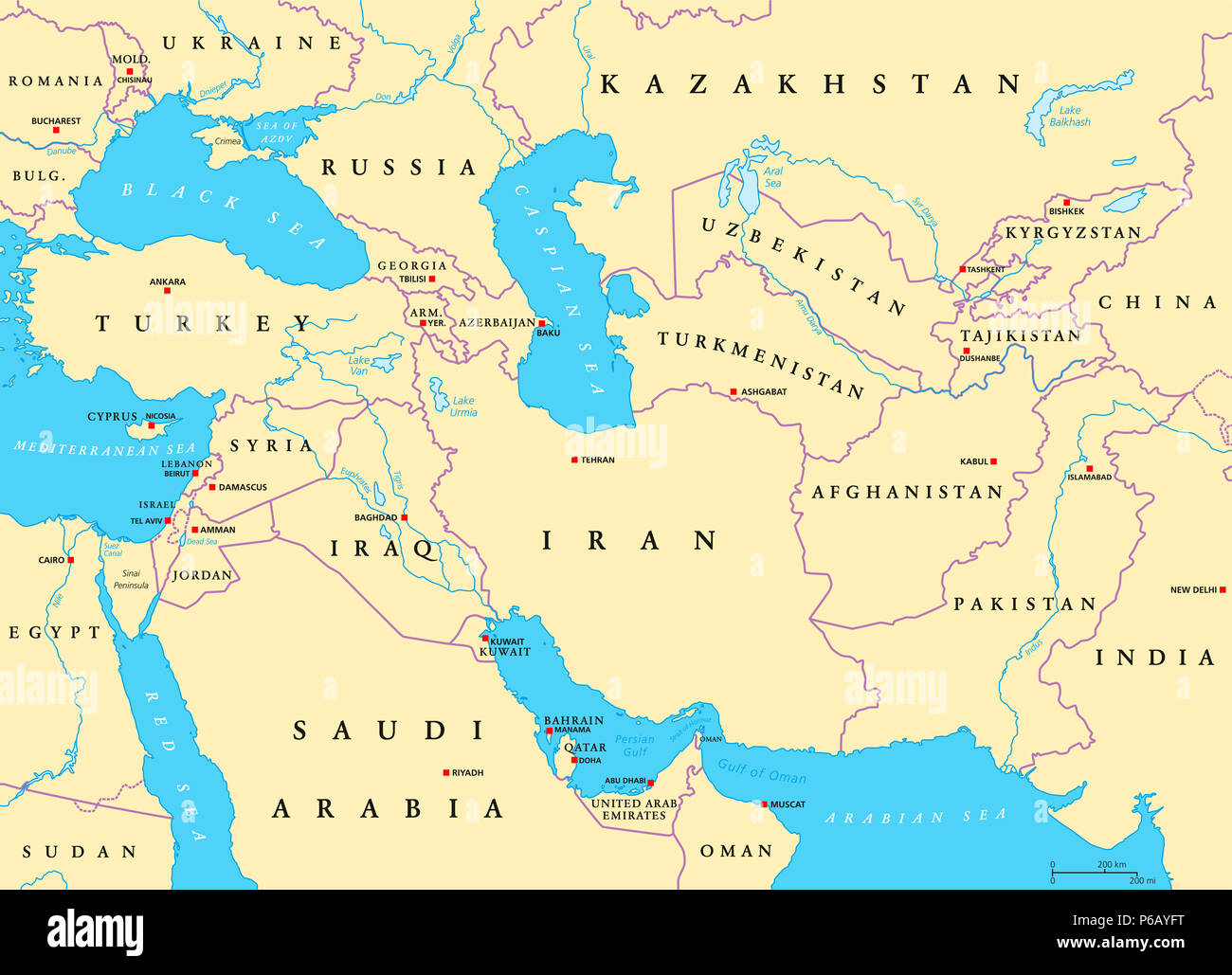 south west asia map Southwest Asia Political Map With Capitals Borders Rivers And