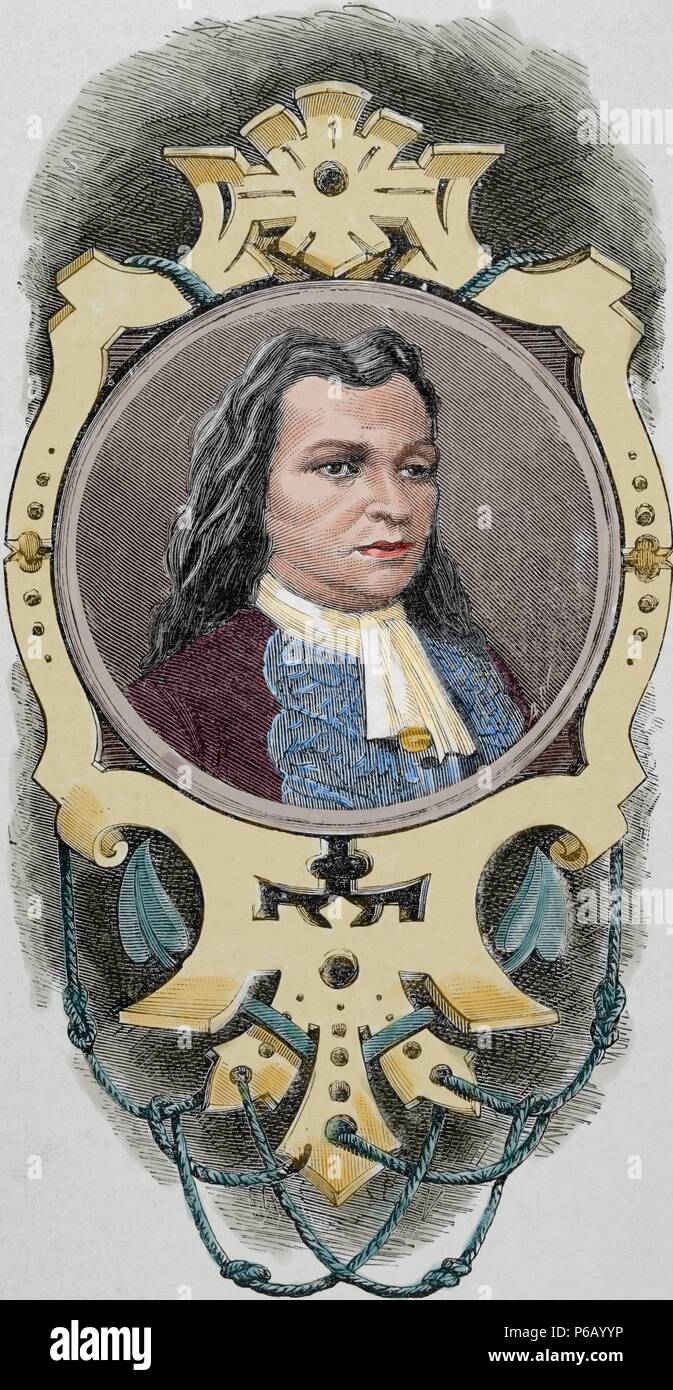 Blas de Lezo (1689-1741). Spanish admiral and one of the greatest  commanders and strategists in the history of the Spanish Navy. Engraving by  Arturo Carretero. "Almanaque de la Ilustracion", 1881. Colored Stock