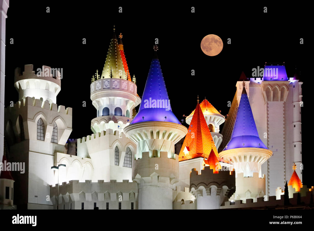 USA. Nevada. Las Vegas. Las Vegas Boulevard. Casino Excalibur at night. Full moon. Stock Photo